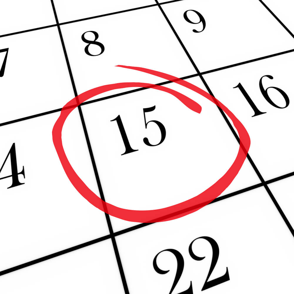A calendar close-up with the 15th circled in red, symbolizing a crucial deadline for nonprofit lawyers seeking legal help.