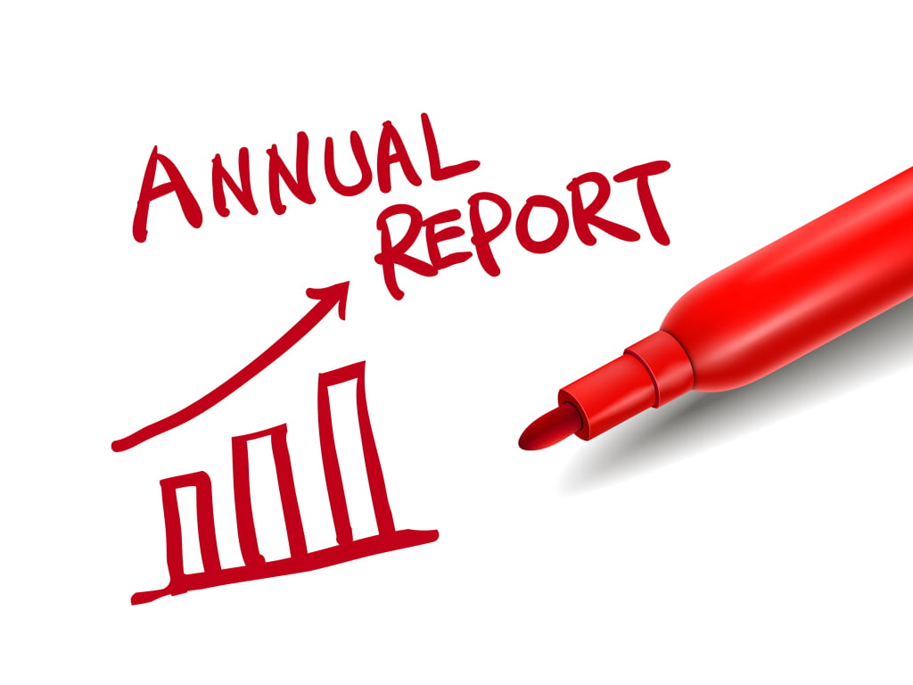 A red marker with text "Annual Report" and growth chart